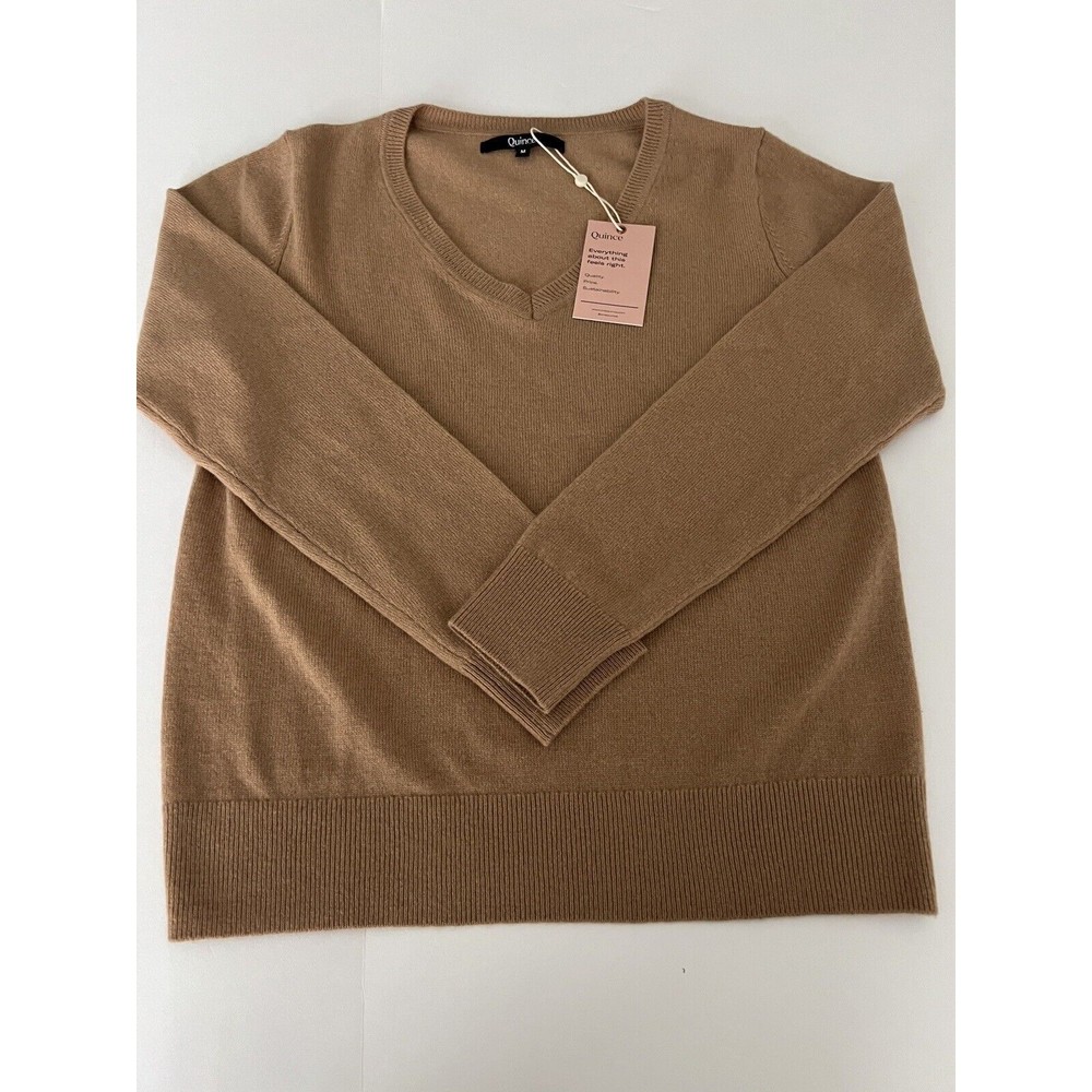 Quince Women’s V Neck Sweater 100% Cashmere Tan Size Medium Classic,Quiet Luxury